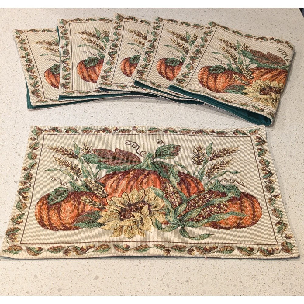 Set Of 6 Tapestry Placemats Pumpkin Fall Thanksgiving Harvest 19"x 13" Halloween